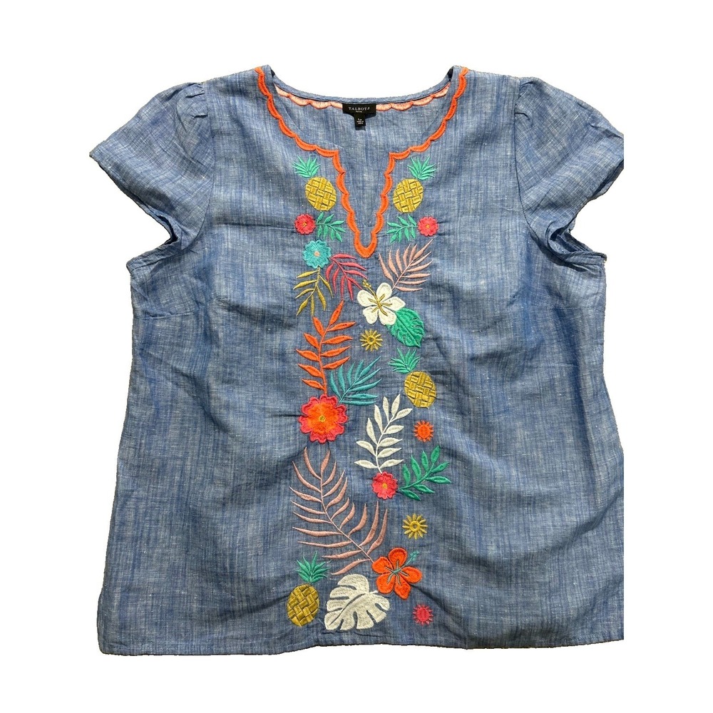 Talbots Women's Large Petite Blue Linen Blend Embroidered Top Split Neck